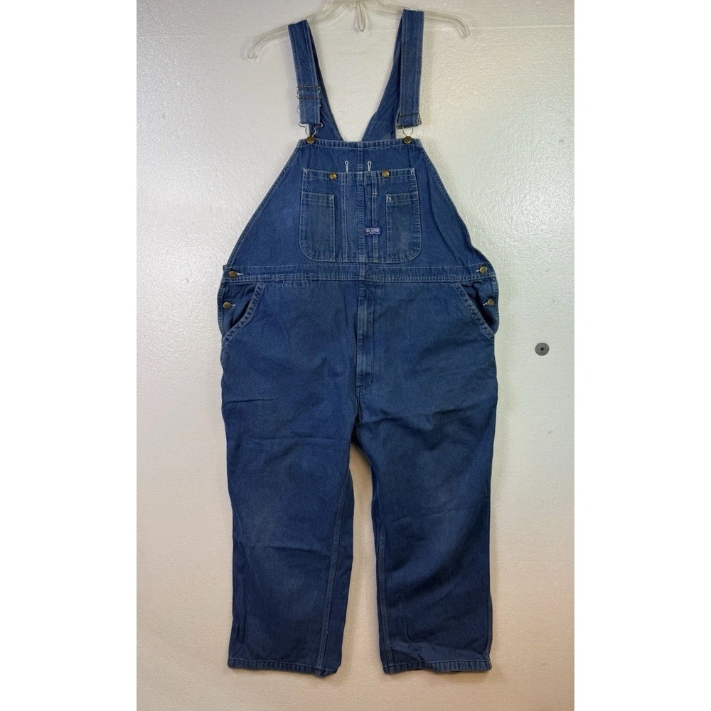 Big Smith Bib Overalls Men's 46x28 Blue‎ Denim Zipper Fly Farmer Grudge Hippie